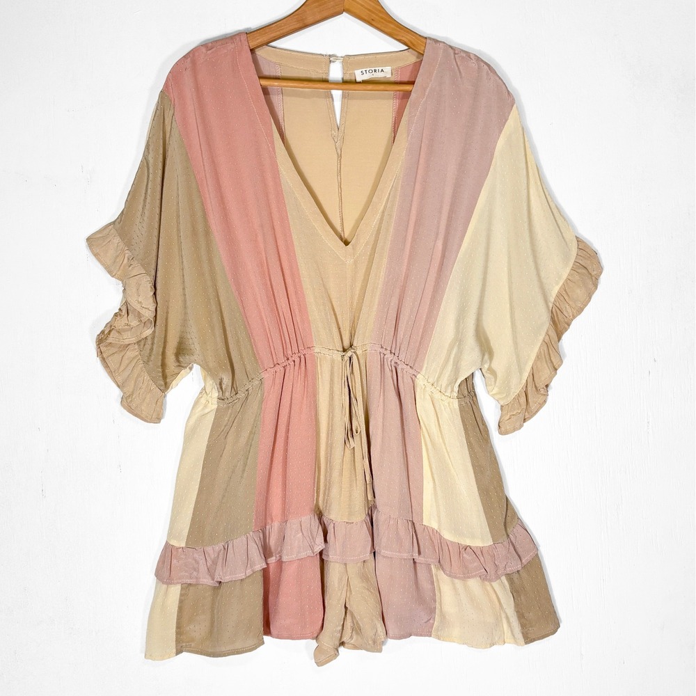 Storia Womens Colorblock Clip Dot Ruffle Romper Womens S Pink Tan Boho Festival
